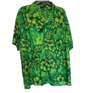 Roundy Bay Mens XL Green Hibiscus Tropical Hawaiian Shirt Short Sleeve Polyester